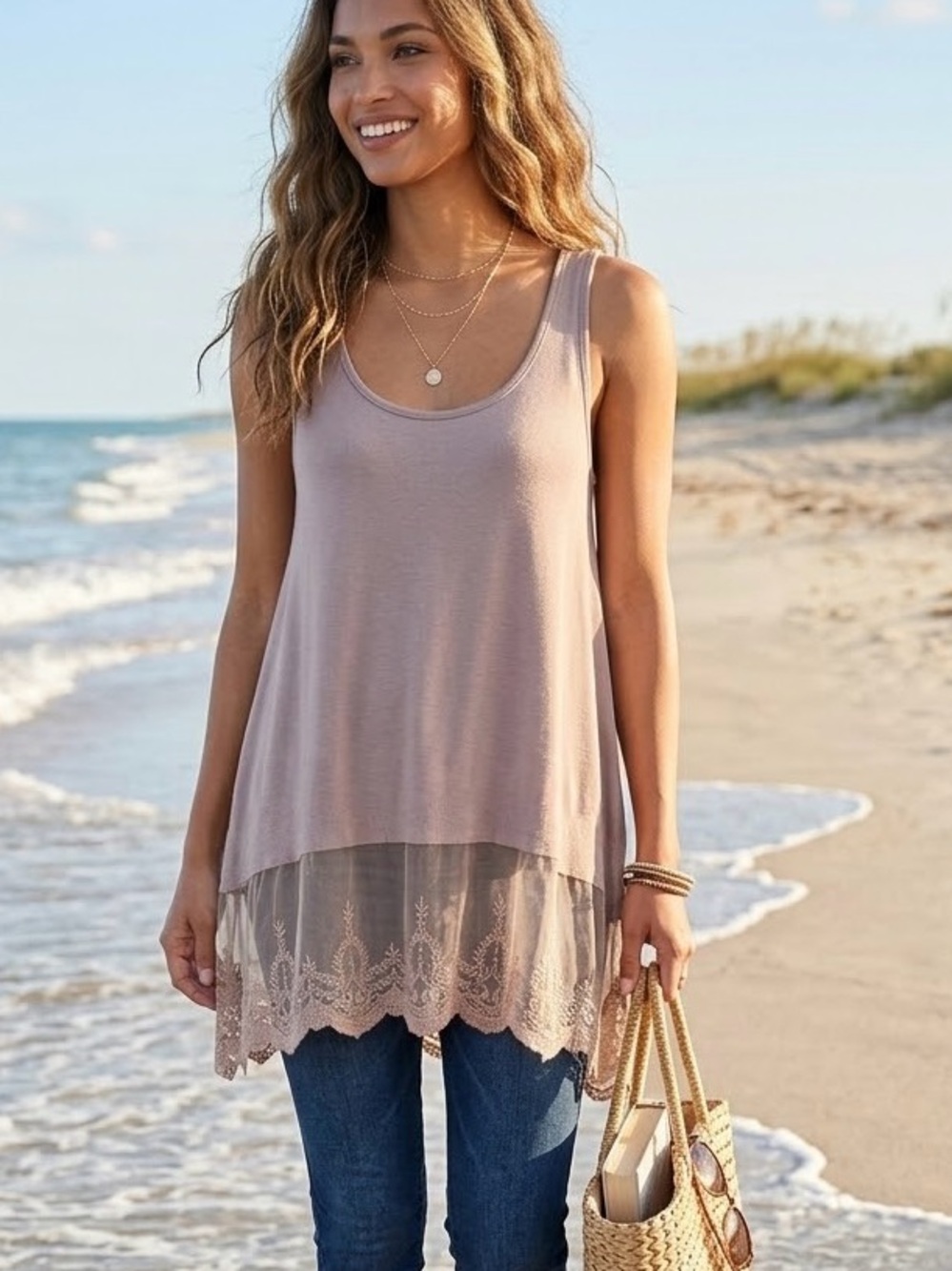 Umgee Lace-Hem Layered Tank Tunic Top - Light Mauve Medium
